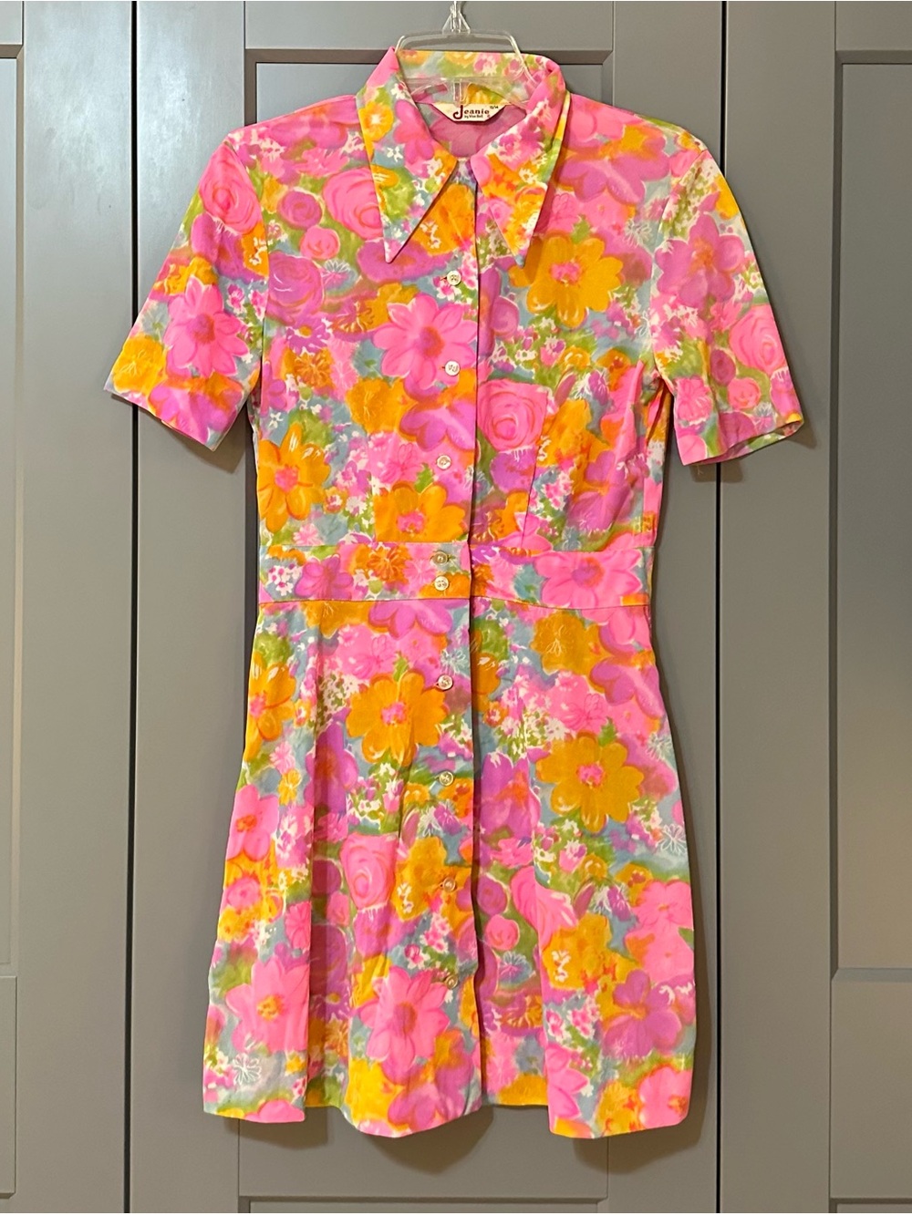 Vintage  1960/70s Jeanie By Blue Bell Psychedelic Mod Floral Mini Dress Sz 13/14